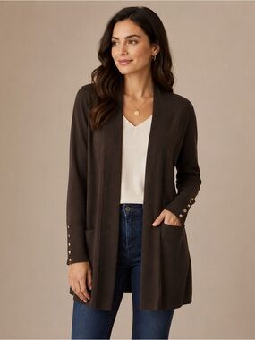 JM‎ Collection Brown Open Front Cardigan Sweater XL Gold Button Sleeve NWT